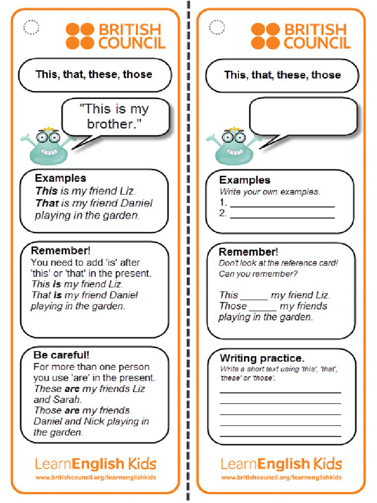 Grammar Practice Reference Card This That These Those | PDF
