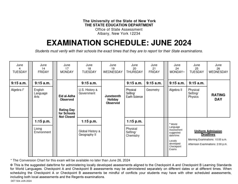 Regents Exams Schedule June 2024 PDF Student Assessment And