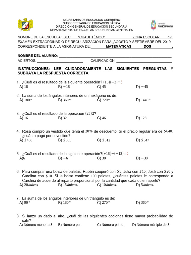 Examen Extraordinario de Matematicas 2 | Descargar gratis PDF | Litro ...