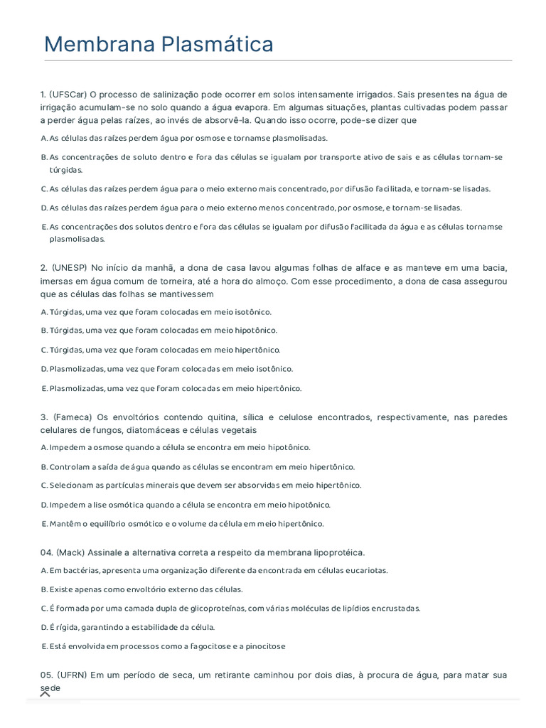 Questões Sobre Membrana Plasmática - Citologia - para o Enem e ...