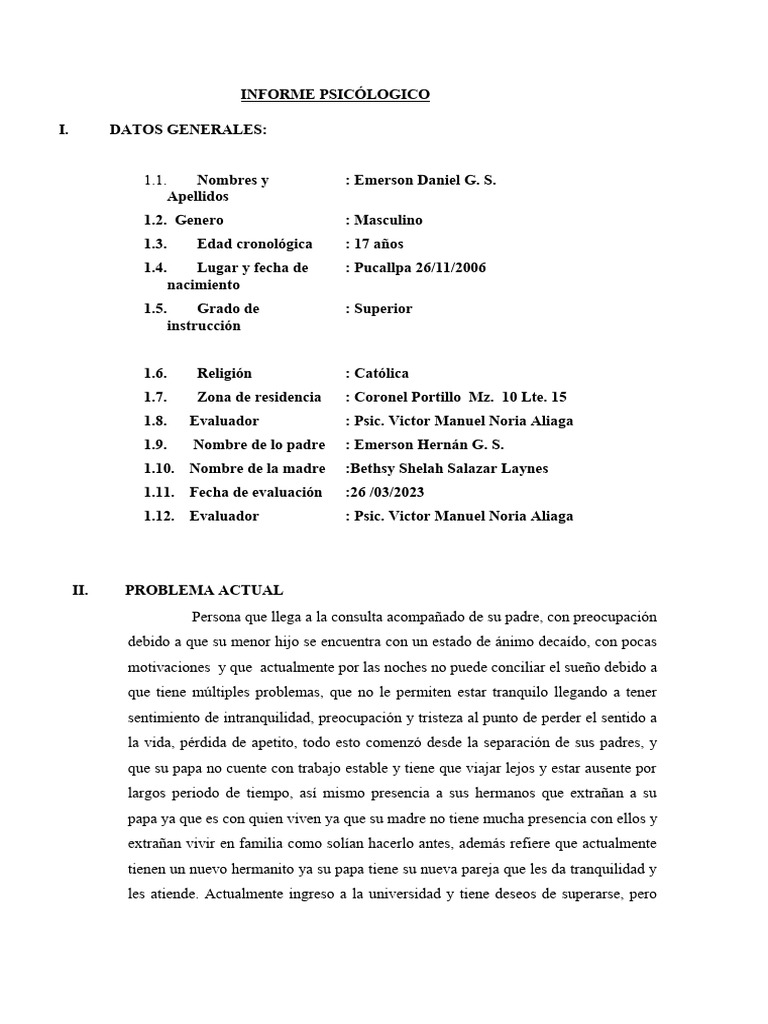 Informe Psicológico de Adolescente | PDF | Las emociones | Trastorno ...