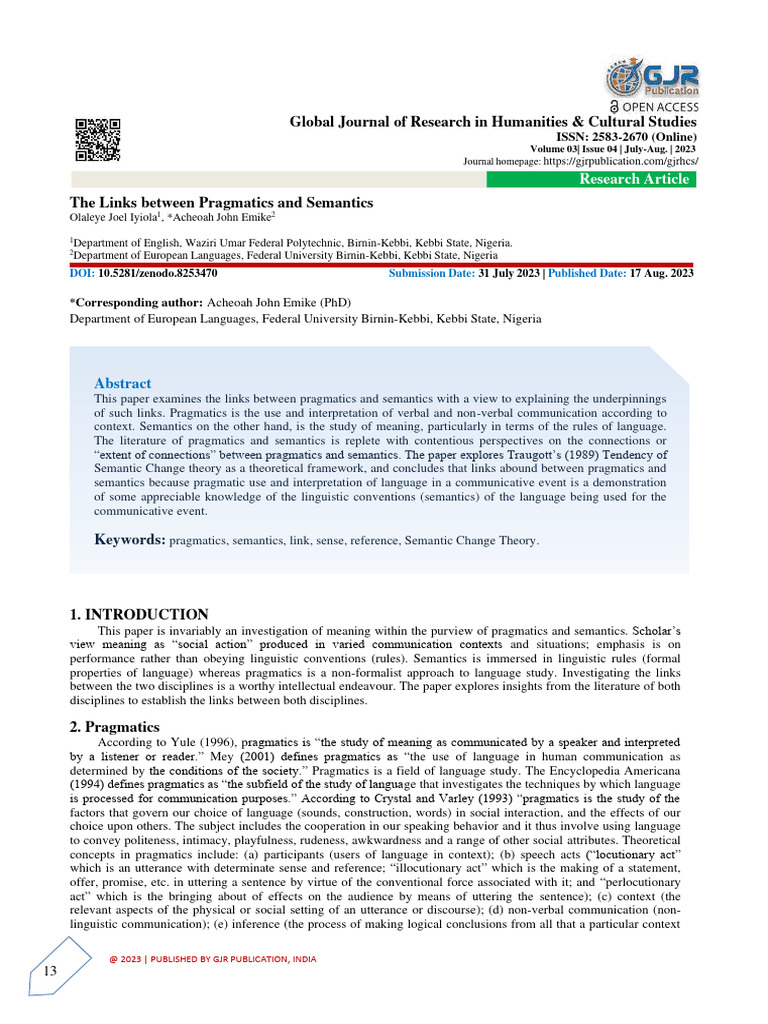 Pragmatics & Semantics: Exploring Links | PDF | Semantics | Linguistics