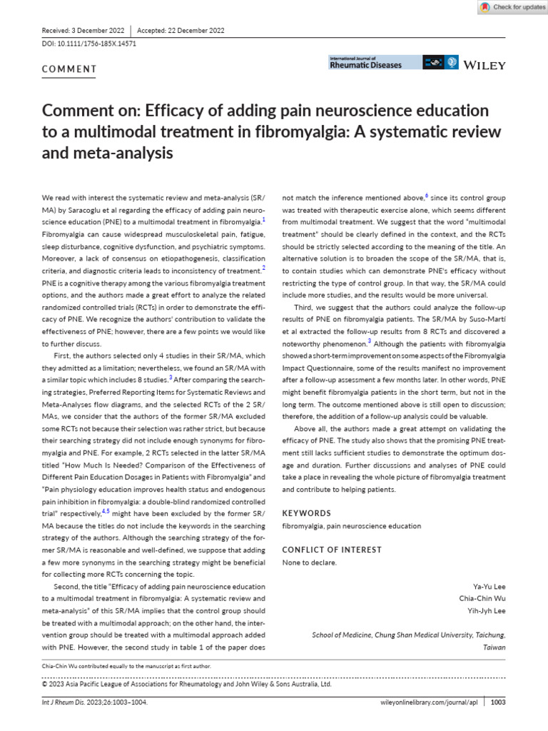 Int J of Rheum Dis - 2023 - Lee - Comment On Efficacy of Adding Pain ...