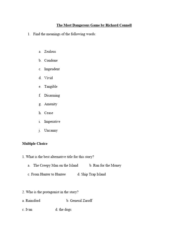 The Most Dangerous Game EXERCISE | PDF