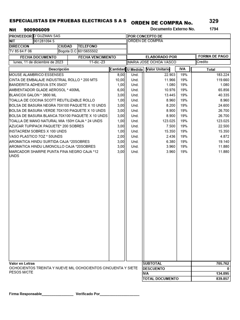 Orden de Compra Proveedor D'Guzman SAS | PDF