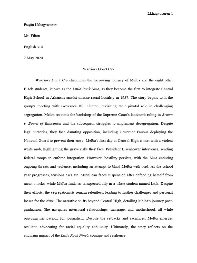 Little Rock Nine Warriors Don't Cry Summary PDF The United