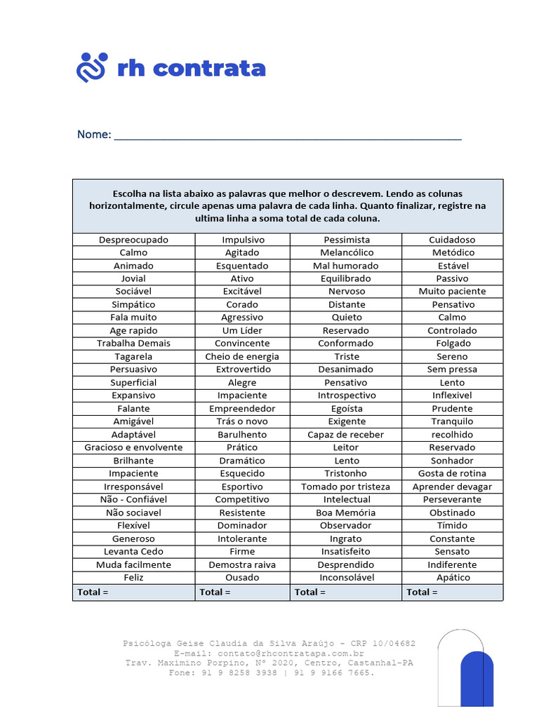 TESTE DE TEMPERAMENTO | Download grátis PDF | Psicologia