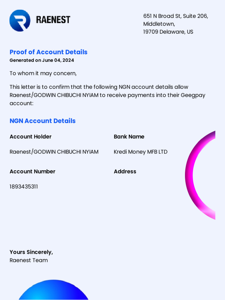 NGN Account Confirmation for Raenest | PDF