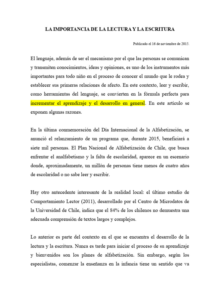 La Importancia de La Lectura y La Escritura. | PDF | Literatura | Escritura