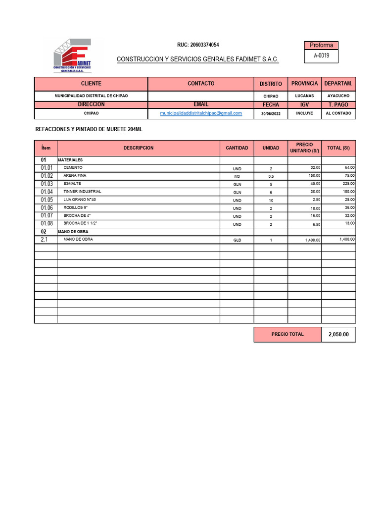 Proforma Fadimet 0019 | PDF