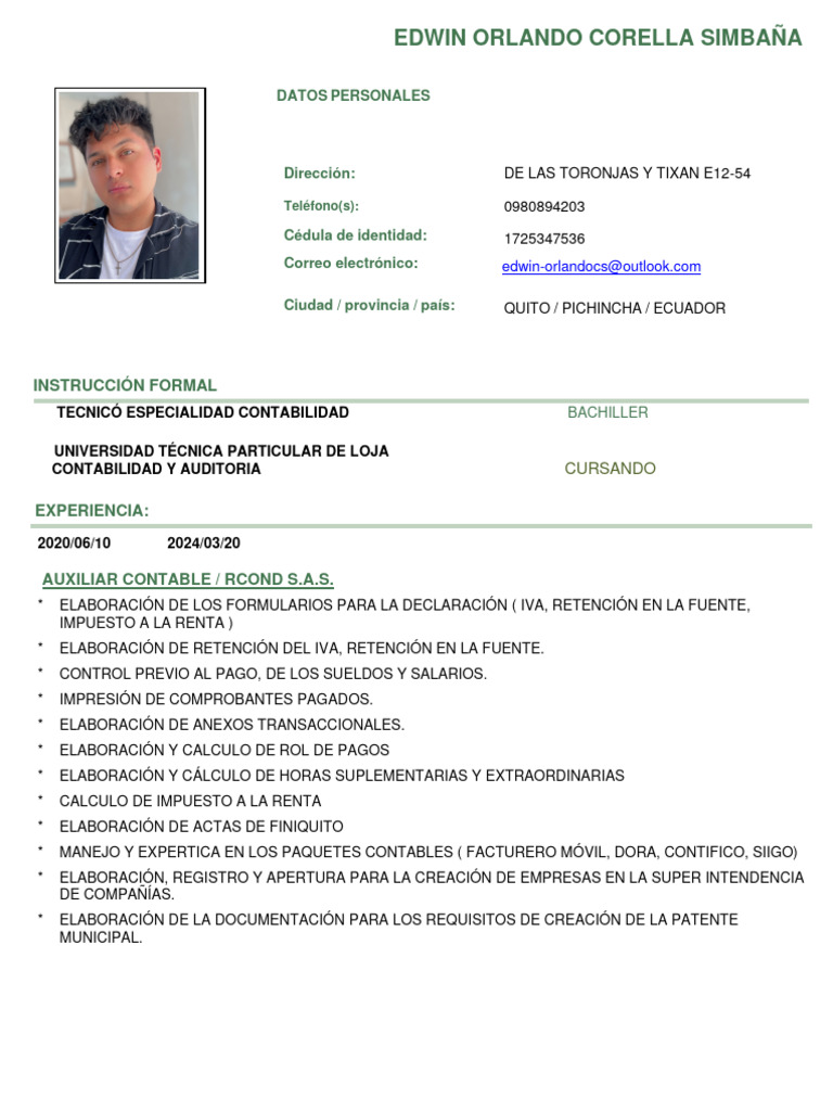 CV de Edwin Corella: Auxiliar Contable | PDF | Contabilidad