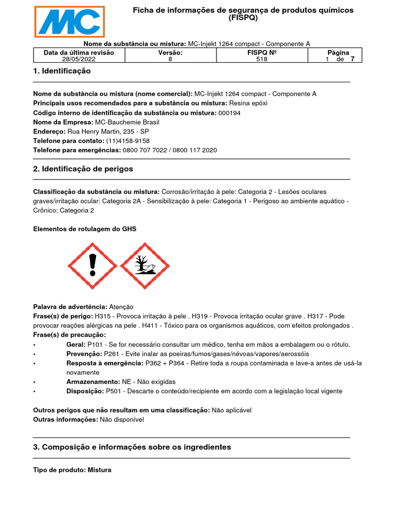 Ficha de Segurança MC-Injekt 1264 Compact | PDF | Solubilidade | Vapor