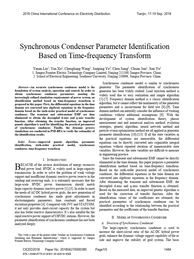 Synchronous condenser parameter identification based on time frequency
