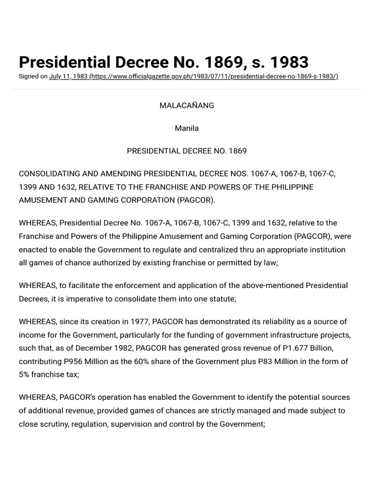 PAGCOR Franchise Consolidation Decree | PDF | Taxes | Stocks
