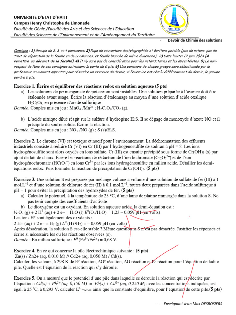 Devoir de Chimie : Réactions Redox et Équilibres | PDF | Réaction d ...