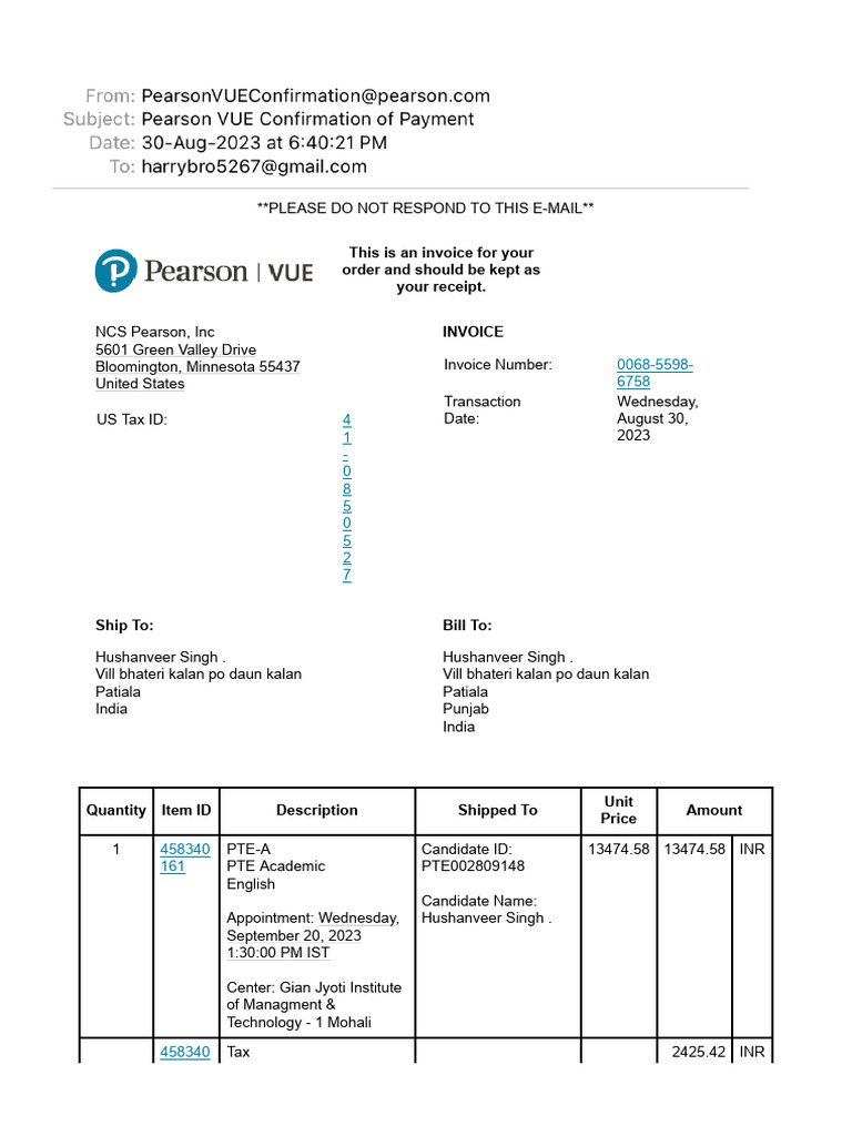 Pearson vue confirmation of payment pdf value added tax invoice