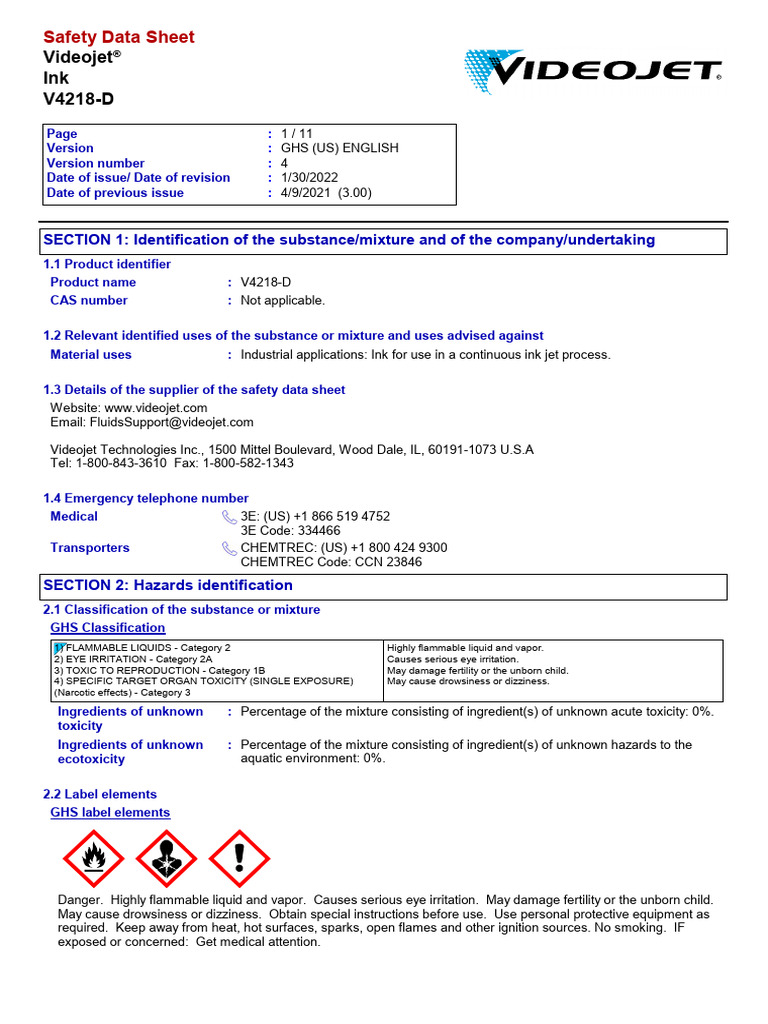 Videojet Ink: Safety Data Sheet | PDF | Toxicity | Chemistry