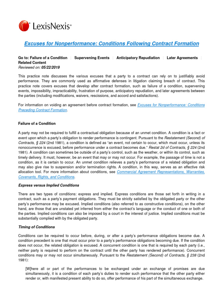 Excuses for Nonperformance in Contracts | PDF | Breach Of Contract ...