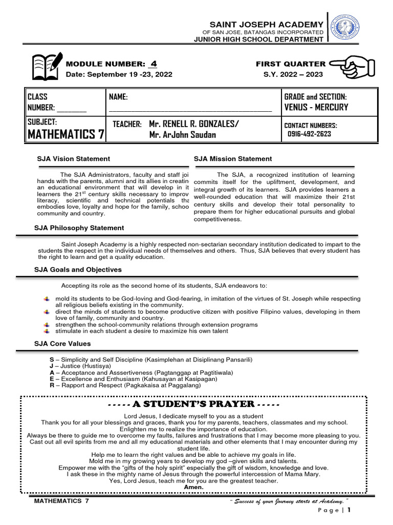 Grade 7 Math Module 1st Quarter Answer Key
