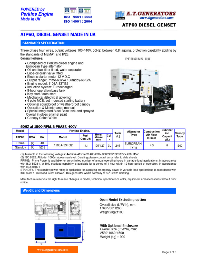 Atp 60 Kva | PDF | Diesel Engine | Power (Physics)