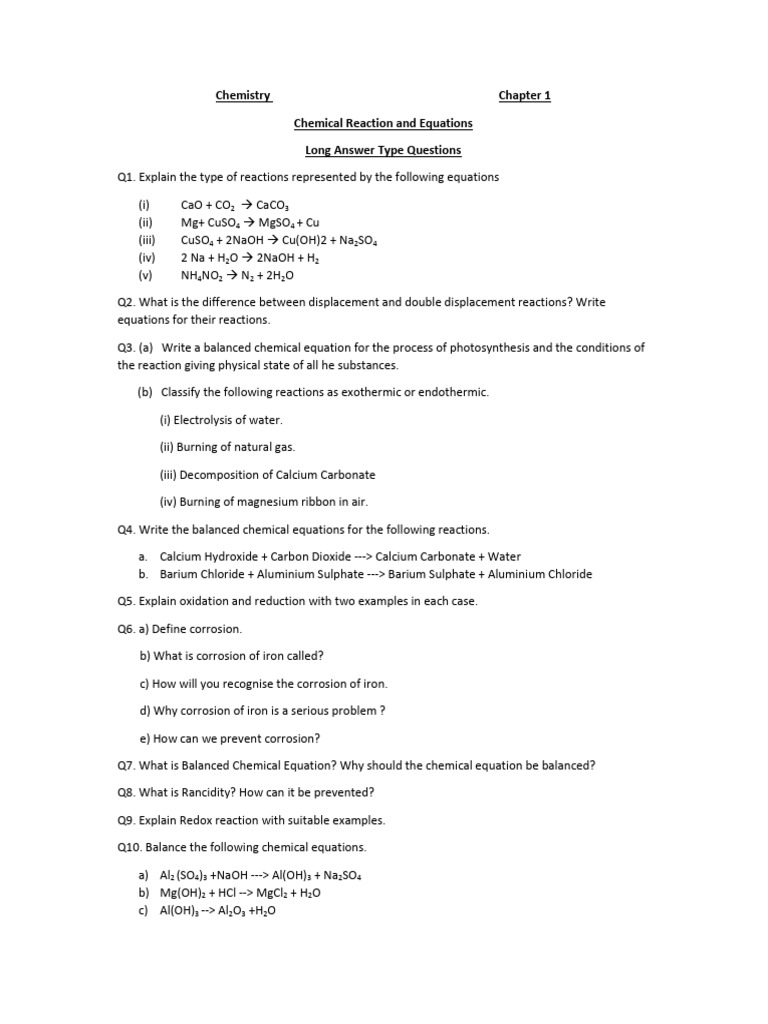 Chemistry Class 10th Chemical Reactions And Equations Pdf Redox