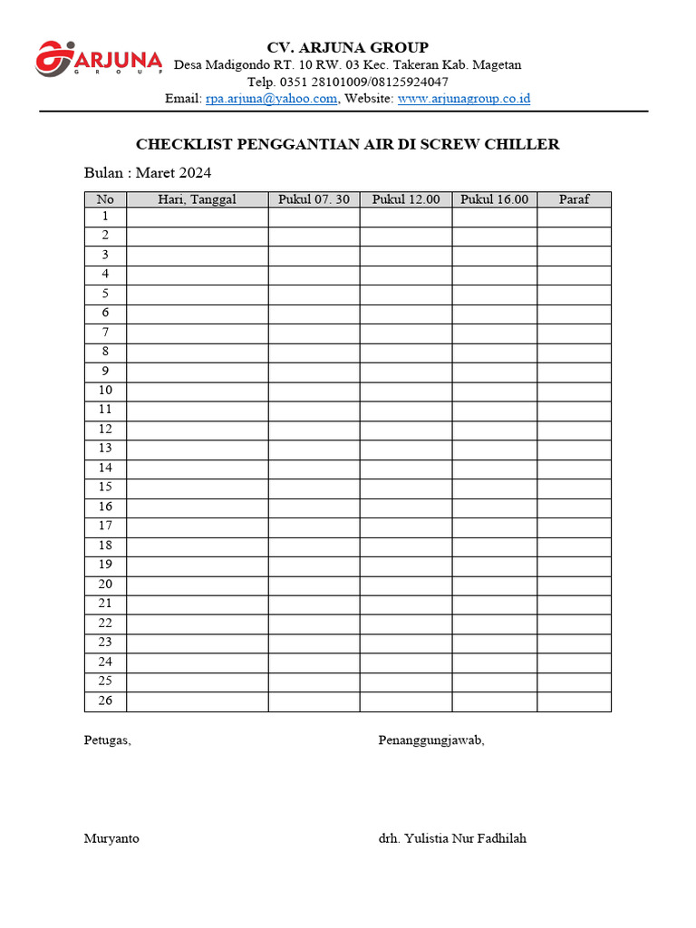 Checklist Pemantauan Screw Chiller | PDF