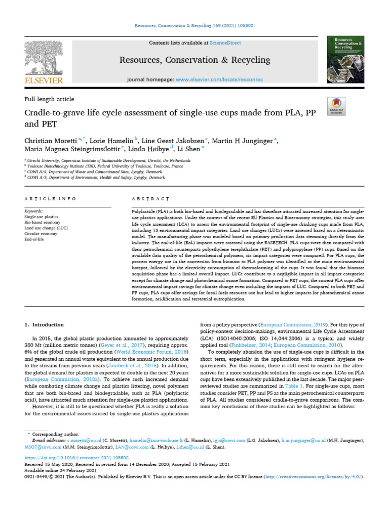 Cradle-To-Grave Life Cycle Assessment of Single-Use Cups Made From PLA ...