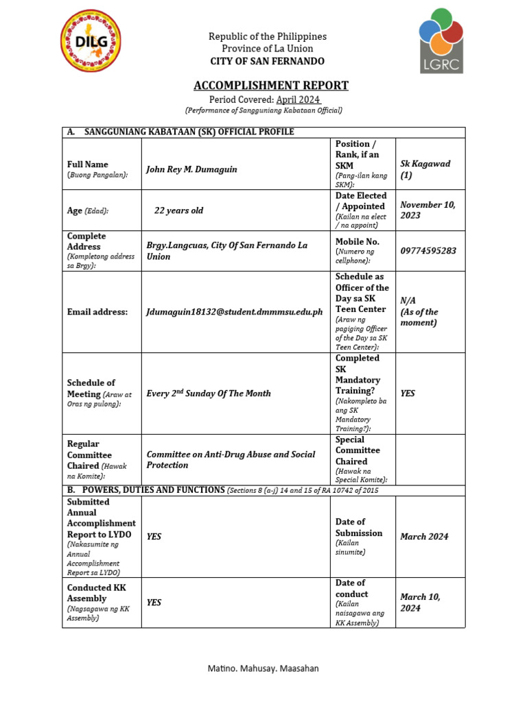 SK Kagawad Accomplishment Report 2024 | PDF