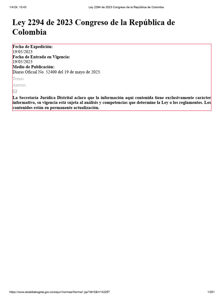 Ley 2294 de 2023 Congreso de La República de Colombia | PDF | Colombia ...