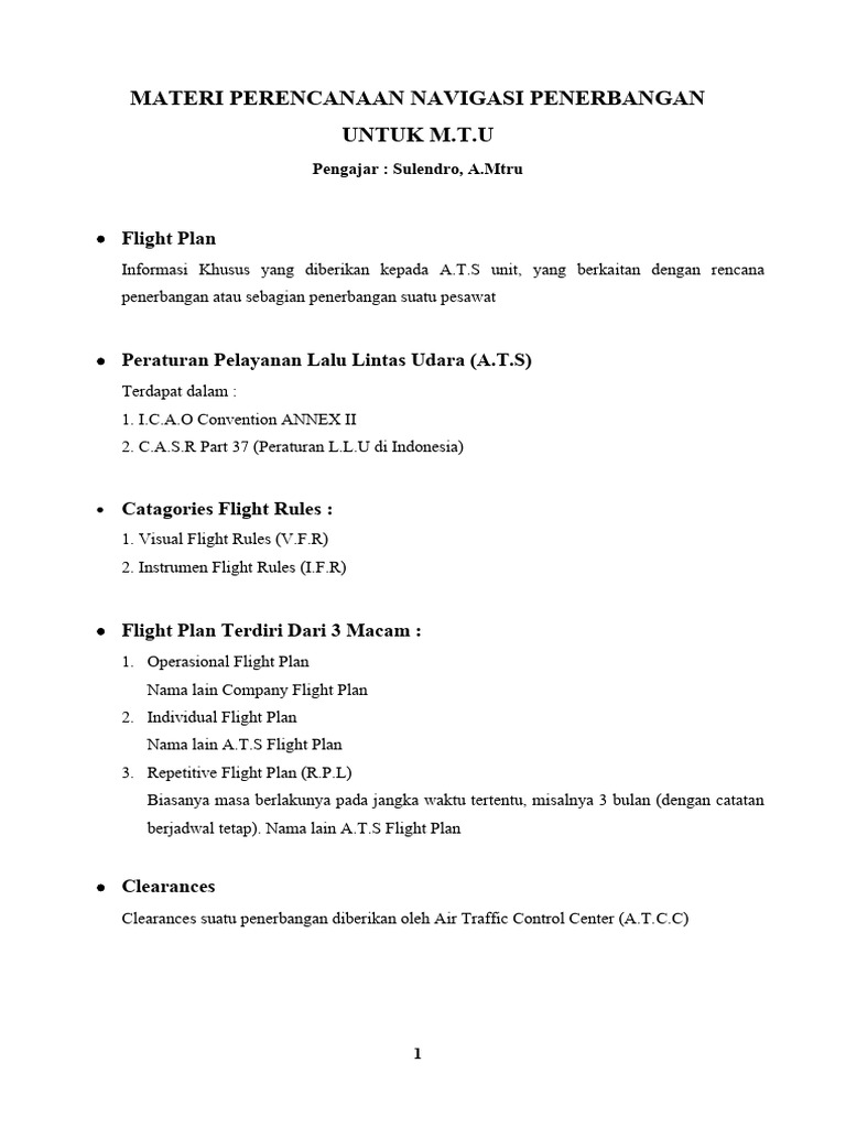 Materi Flight Plan Untuk M T U Semester Iv Ke 1 Pdf Sains