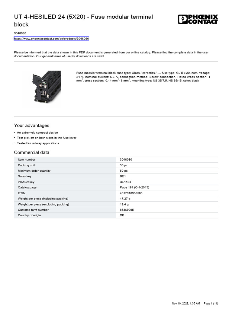 Fuse Modular Terminal Block 3046090 | PDF | Fuse (Electrical ...