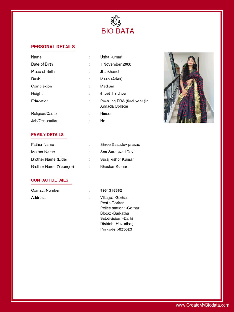 Usha kumari biodata by createmybiodata com pdf