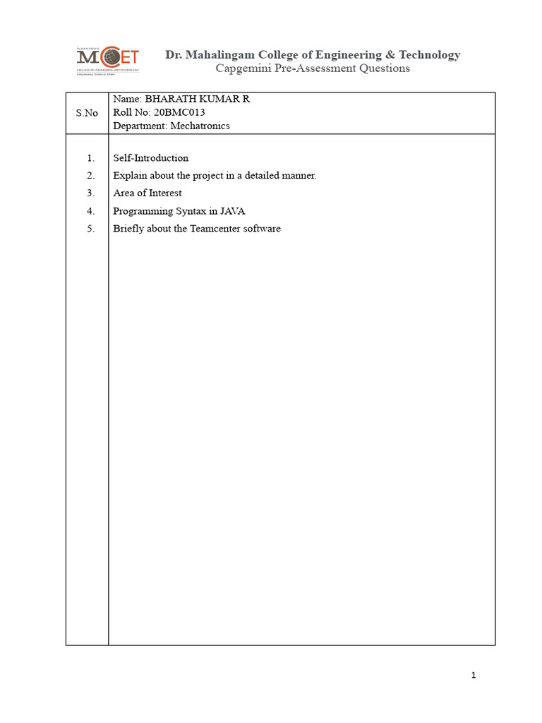 Capgemini Pre Assessment Questions Pdf Engineering Computing