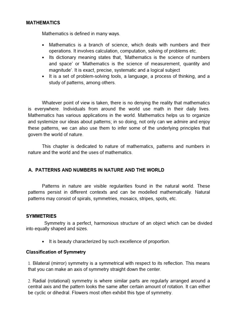 Chapter1 mathematics in our world summary pdf pattern symmetry