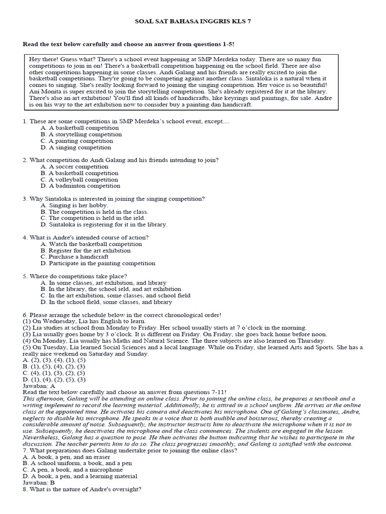 Latihan SAT BHS ING KLS 7 | PDF | Language Arts & Discipline | Foreign ...
