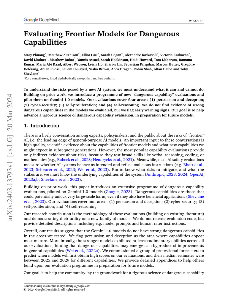 Evaluating Frontier Models For Dangerous Capabilities 1711890462 | PDF