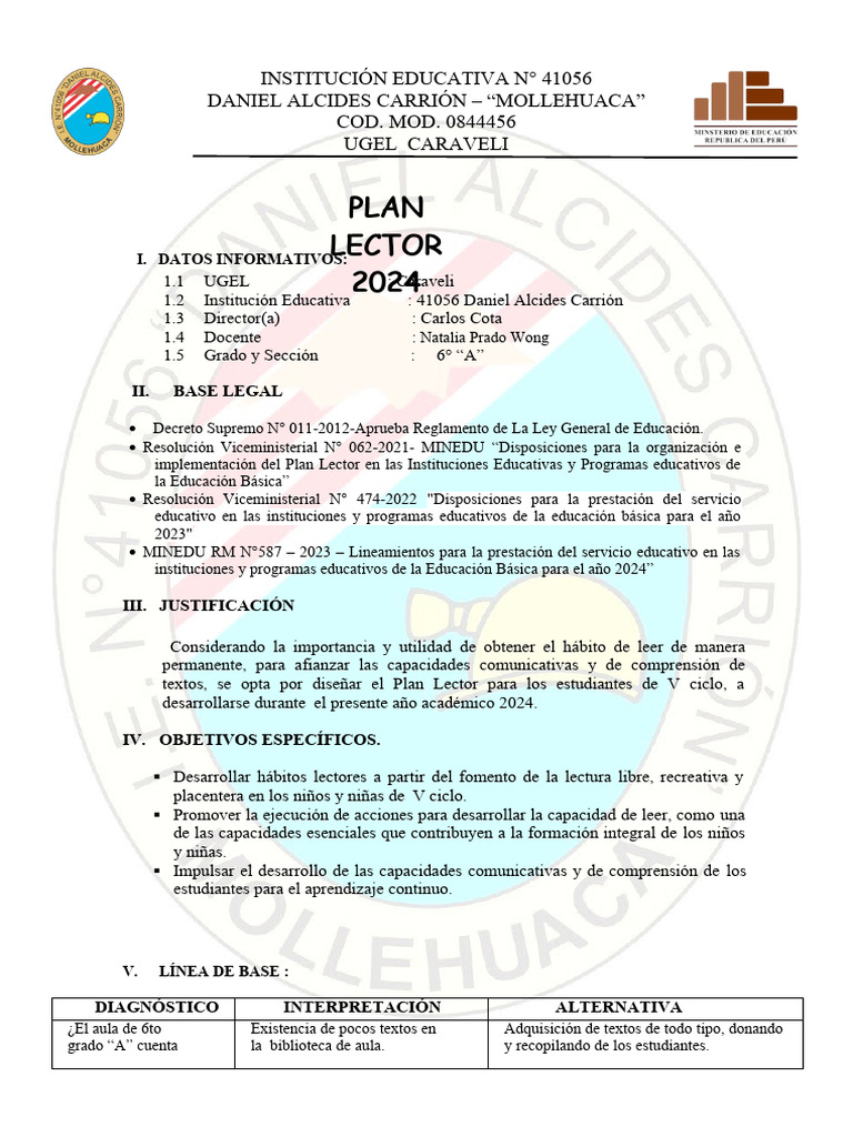Plan Lector 2024 para 6° Grado "A" | PDF | Educación primaria ...