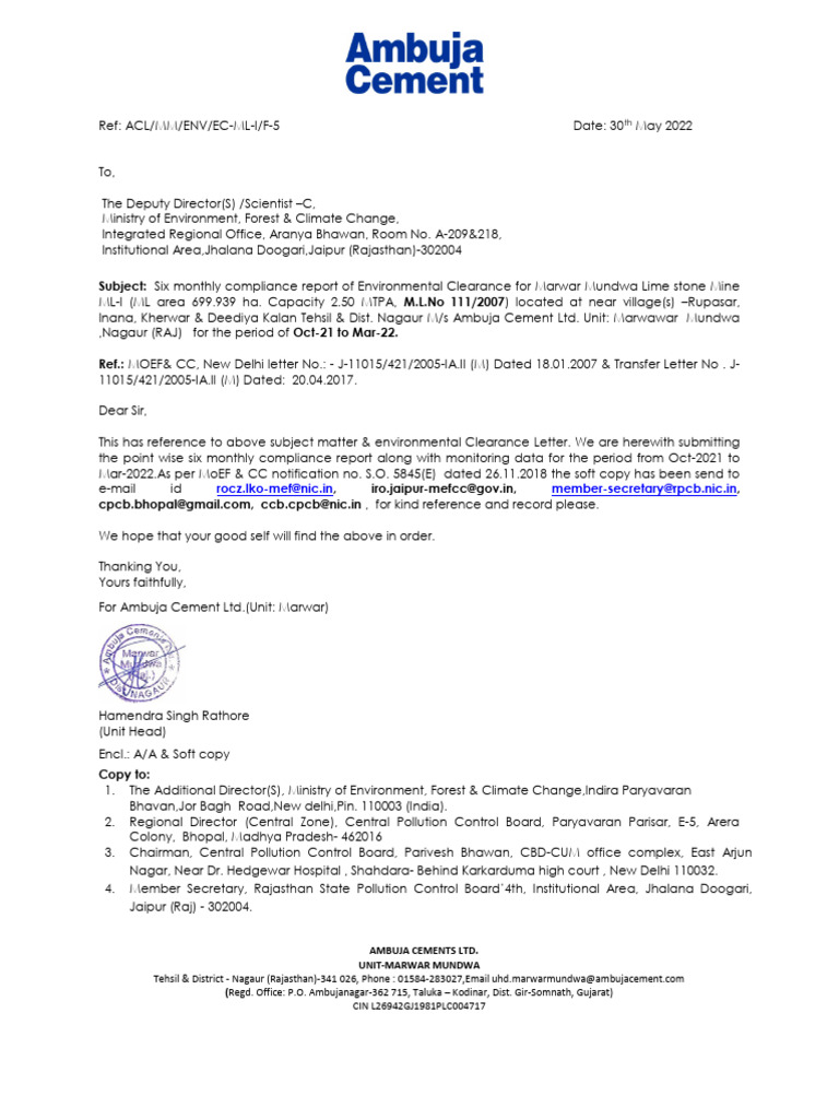 Marwar Mundwa Mine Compliance Report | PDF | Noise | Groundwater