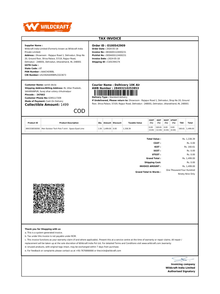 Wildcraft Invoice and Warranty Details | PDF | Invoice | Payments