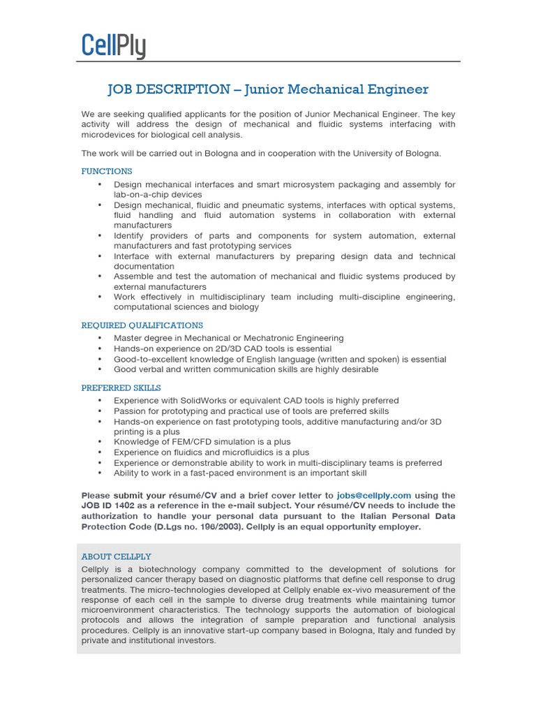 Junior Mechanical Engineer Job Description Download Free PDF