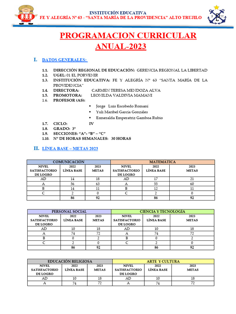 PROGRAMACIÓN CURRICULAR ANUAL TERCER GRADO 2023 Ok | PDF | Aprendizaje ...
