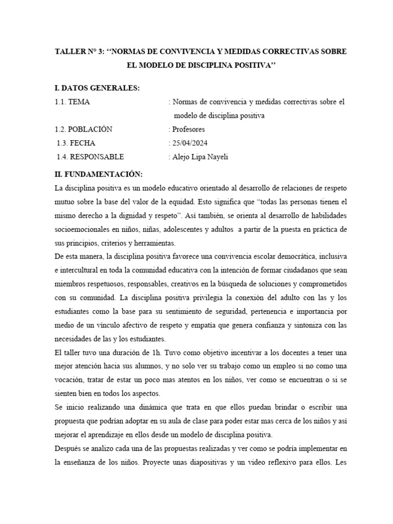 Taller #3 - Normas de Convivencia y Medidas Correctivas Sobre El Modelo ...