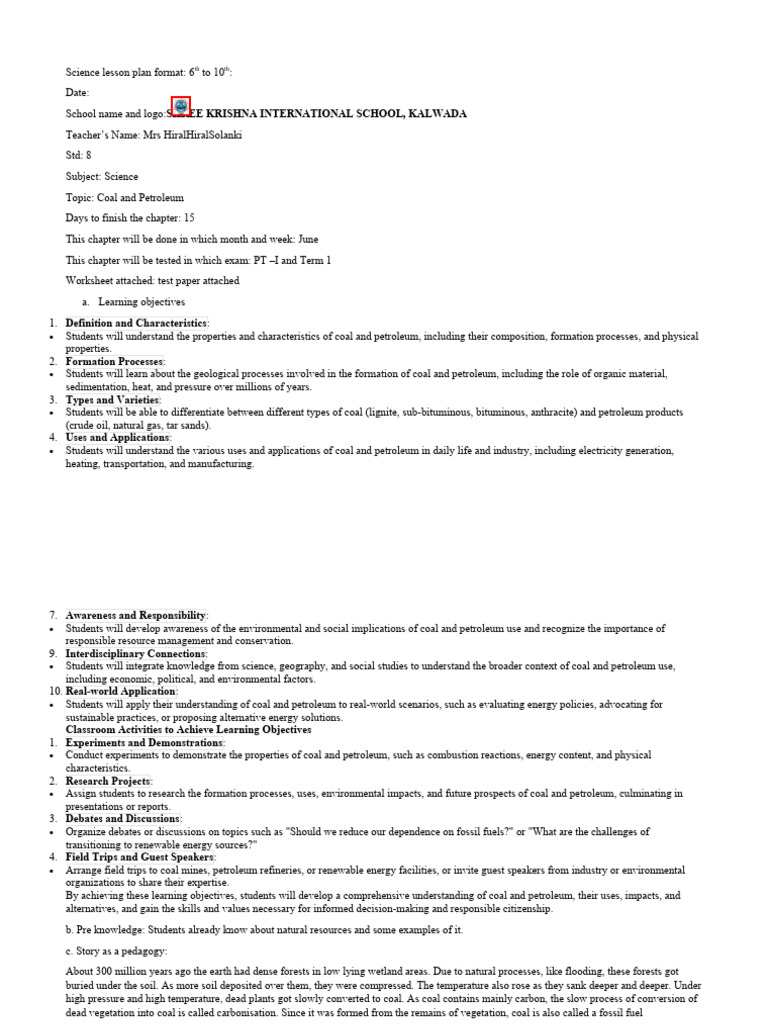 lesson plan class 8 Coal and Peroleum (2) | PDF | Petroleum | Coal