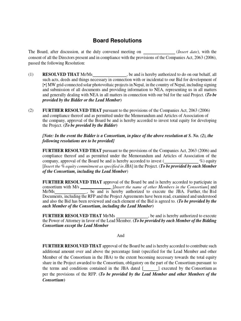 Board Resolutions for Solar Project Bid | PDF | Government | Private Law