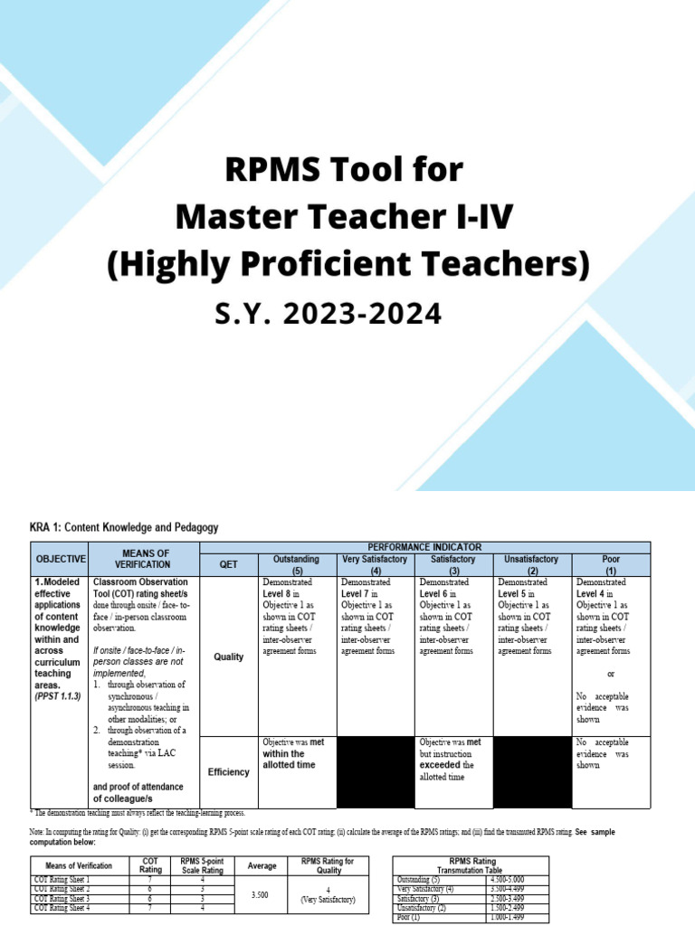 Annex B2 RPMS Tool For Highly Proficient Teachers SY 2023-2024 | PDF