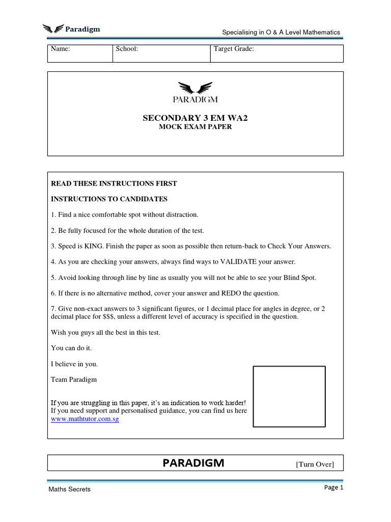 Secondary 3 Maths WA2 Mock Exam | PDF | Mathematics