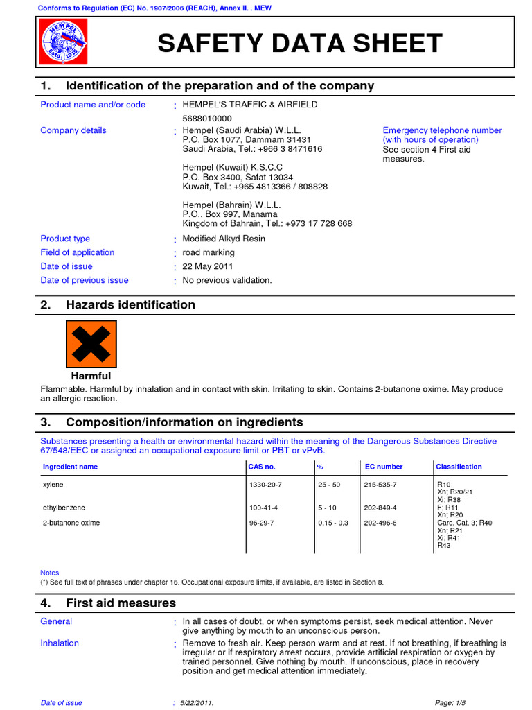 Hempel Traffic & Airfield Safety Data Sheet | PDF | Personal Protective ...