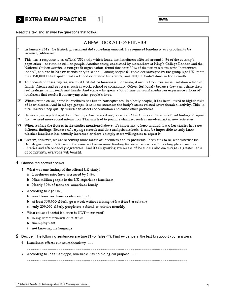 Extra Reading Test 3 | PDF | Loneliness | Social Media