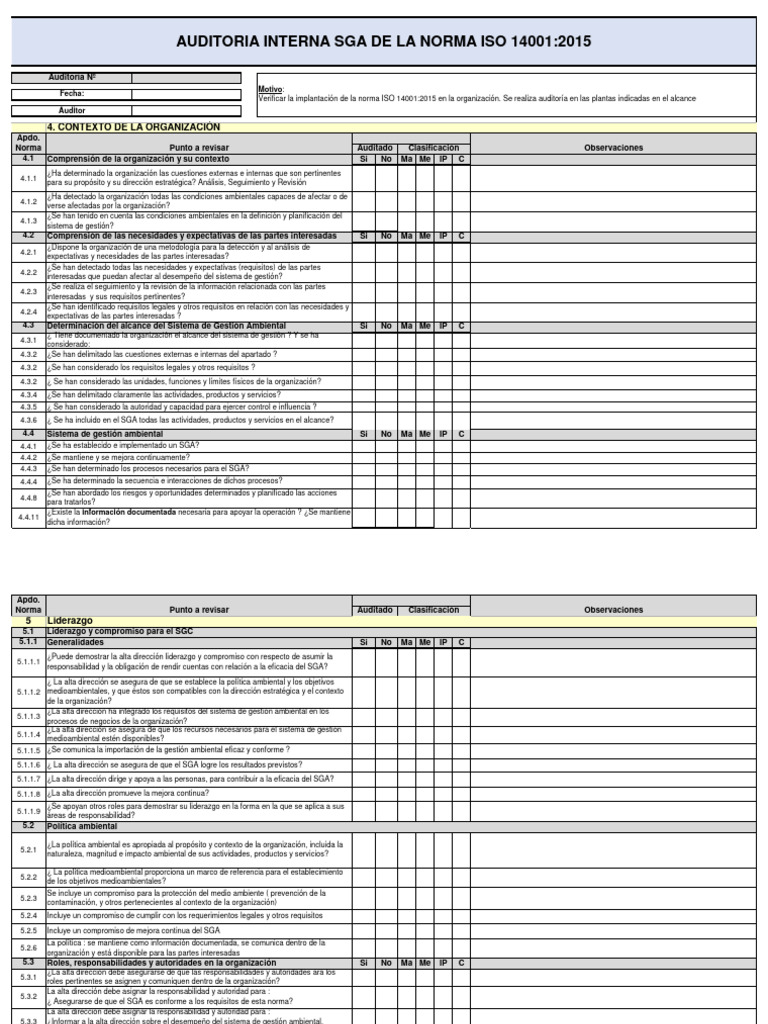 Check Lis Auditoria Interna ISO 14001 | PDF | Auditoría | Evaluación ...