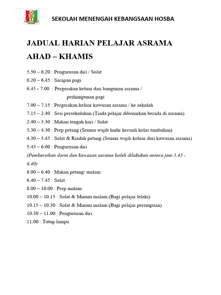 Jadual Rutin Kecantikan Harian Untuk Pelajar Asrama